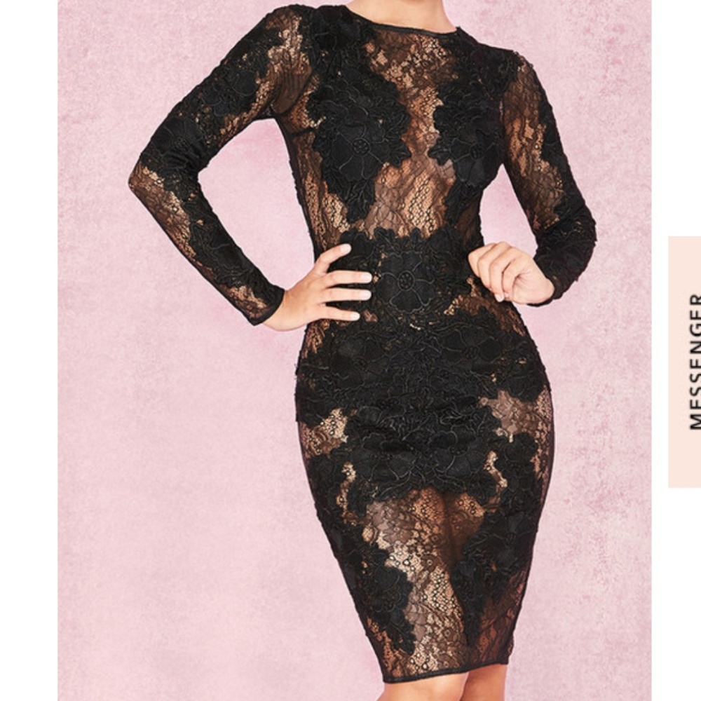 Black stretch lace long sleeve dress